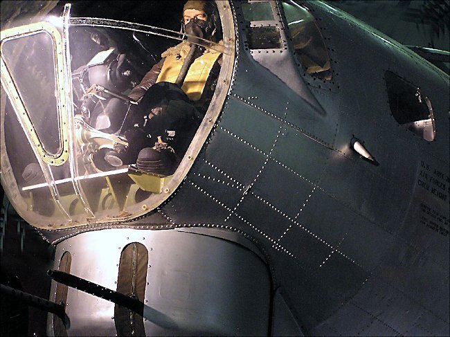 Bomb aimer position at the front of a WW2 Boeing B17 Flying Fortress bomber