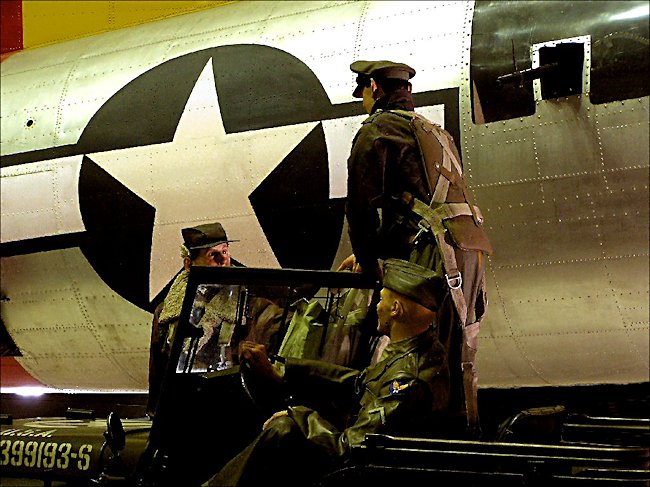 WW2 Boeing B17 Flying Fortress bomber crew arriveing at dawn