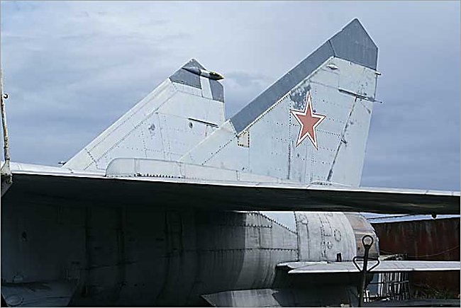 Soviet Russian Surviving Mikoyan MiG-25 RBS Foxbat Jet Fighter twin tail section