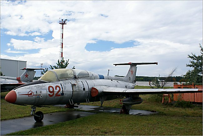 Soviet Russian Surviving Aero L-29 Delfin Dolphin Jet Trainer can bee seen at the Russian Aircraft Museum next to Riga international Airport in Latvia