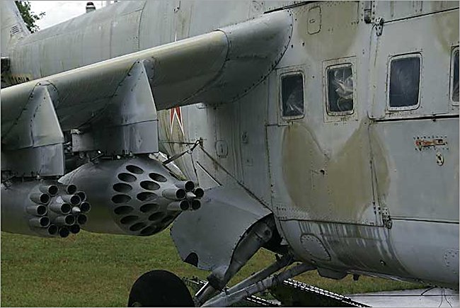 Under wing weapons on an early version of a Mi-24 Hind ground attack helicopter gunship
