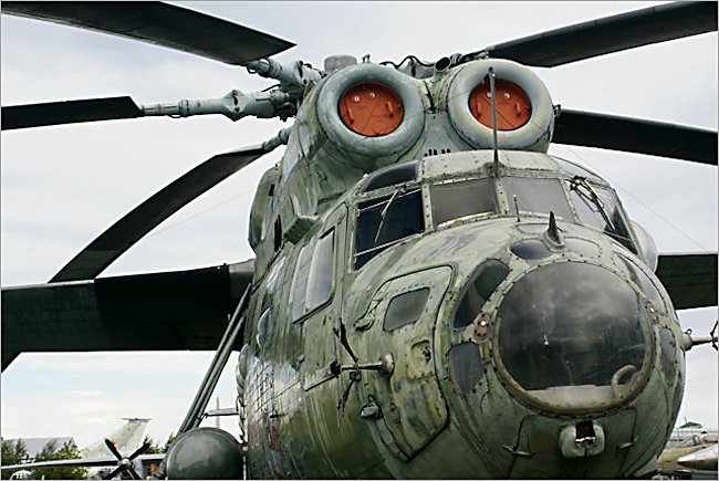 The Twin turboshaft engines above the cockpit of a Soviet Russian Surviving Mil MI-6 Hook Soviet heavy transport helicopter
