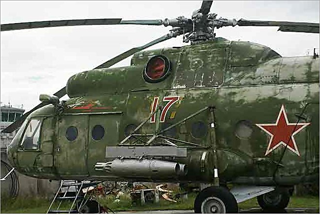 Two Soviet Russian Surviving Mil Mi-8 Hip Air Support Helicopter can be seen at the Russian Aircraft Museum next to Riga International Airport Latvia