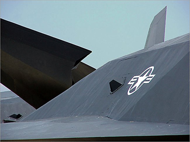 tail section of a USAF Lockheed-Martin F-117A Nighthawk ground attack stealth Jet Fighter Bomber