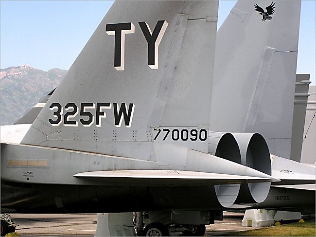 tail and engines of USAF McDonnell Douglas F-15 Eagle Jet Fighter Bomber